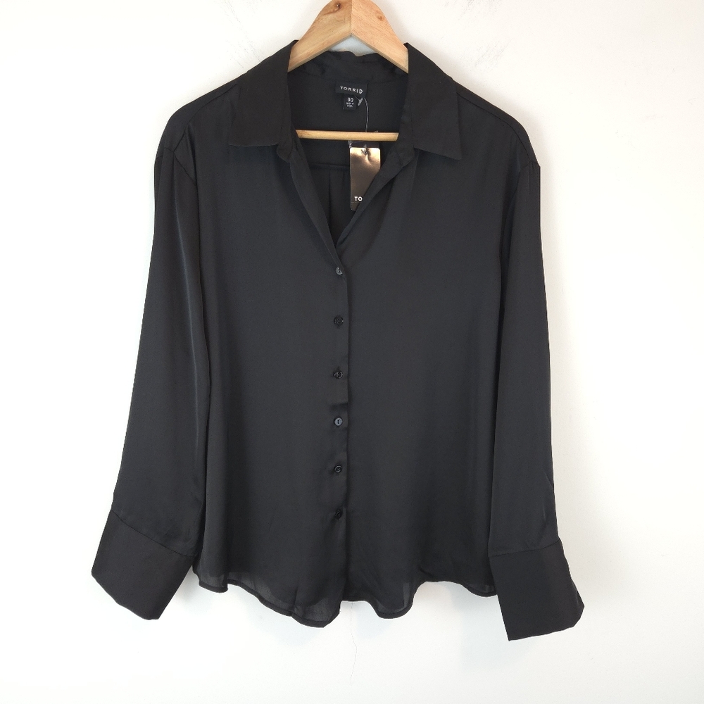 Torrid Women's Black Satin Button Up Long Sleeve Shirt